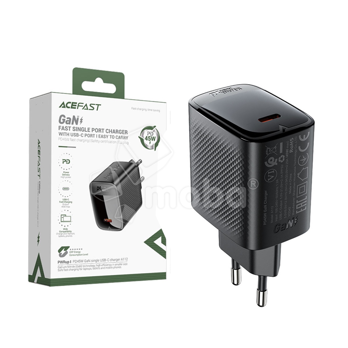 Сетевое зарядное устройство Type-C Acefast A112 (45W, PD, AVS, GaN) Черный