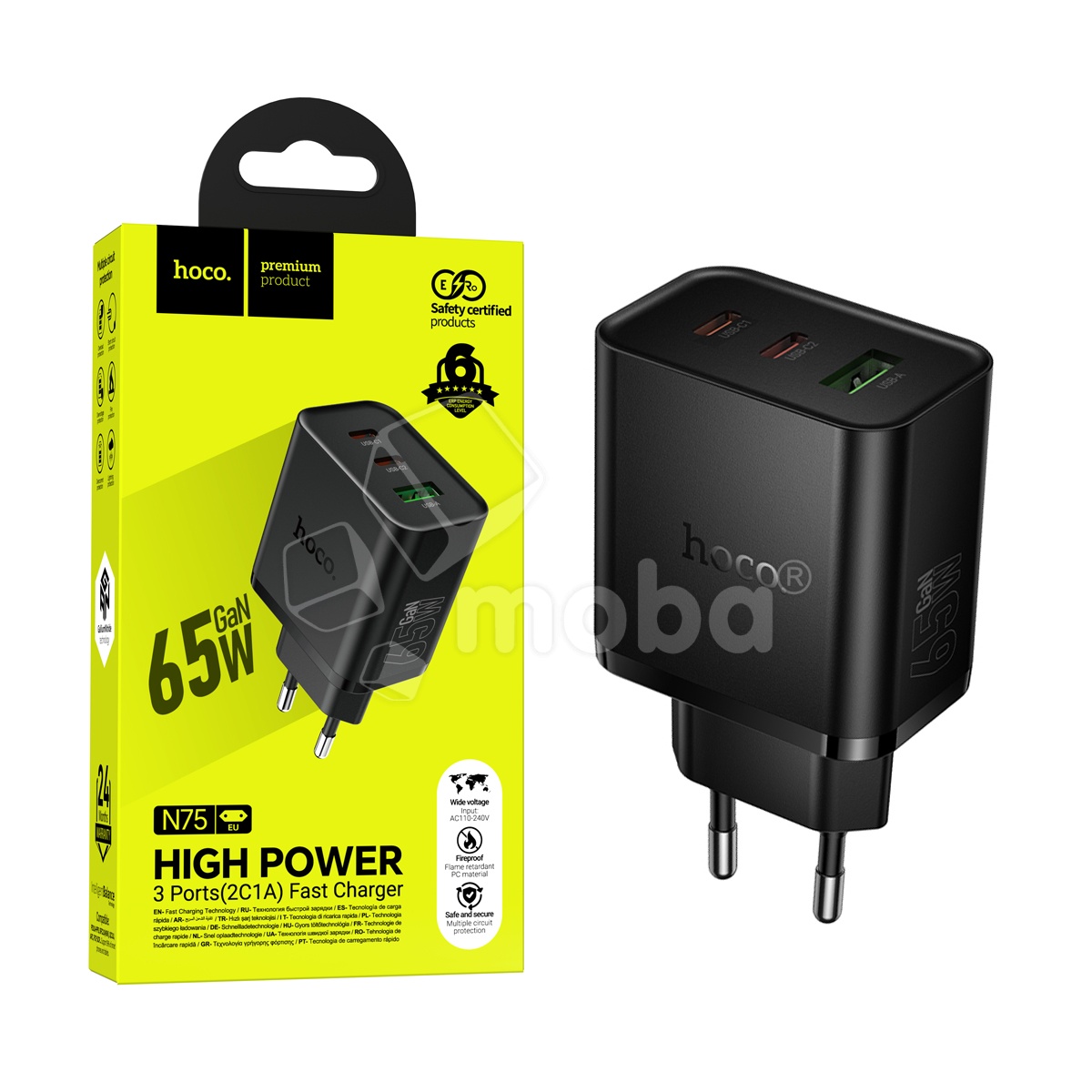 Сетевое зарядное устройство USB/Type-C Hoco N75 (65W, QC3.0, PD, 3 порта) Черный